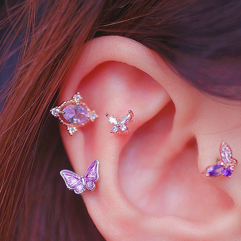 1Pcs INS Little Butterfly Stud Tragus Earring For Women Acrylic Rainbow Titanium Steel Screw Piercing Mid Low Helix Earring