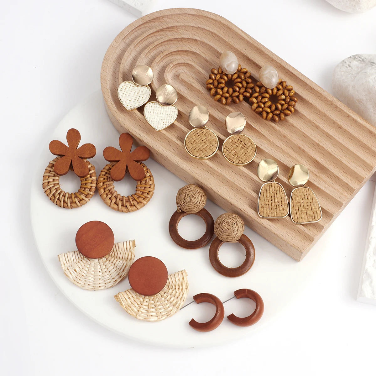 Wooden Rattan Braid Geometric Drop Earrings Jewelry