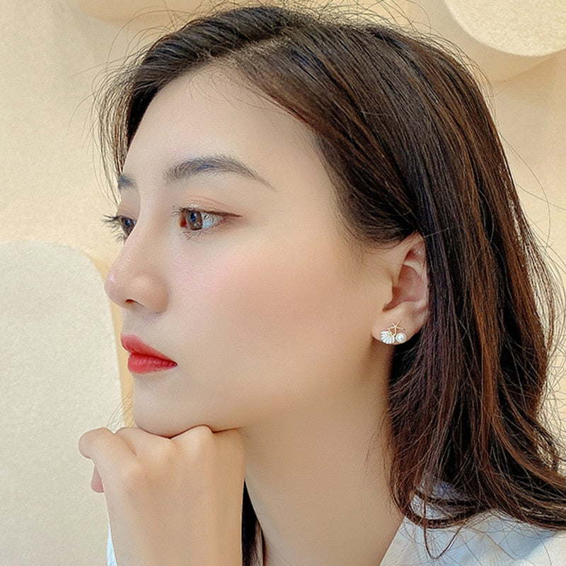 Starfish Shell Stud Earrings for Women Small Cute Earrings with Imitation Pearl Fashion Banquet Wedding Jewelry