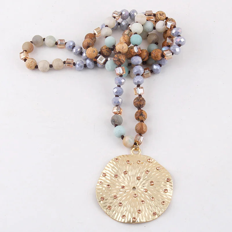 RH Fashion Bohemian Jewelry Natural Stones With Glass Links Crystal Round Pendant Necklaces For Women Boho Gift - Charlie Dolly