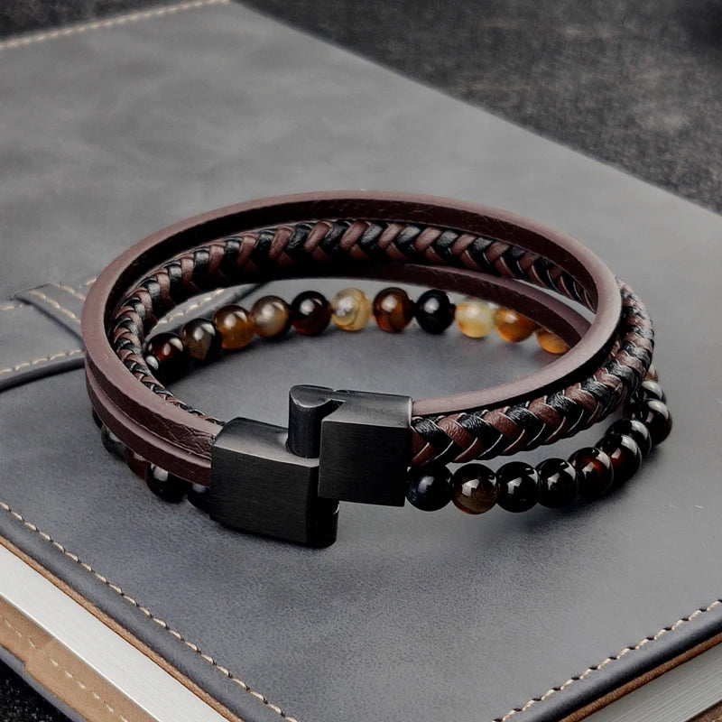 Boho Jewelry Beads Leather Charm Bracelet for Men Women Stainless Steel Natural Stone Rosary love Bracelet Bangle Gift Wholesal - Charlie Dolly