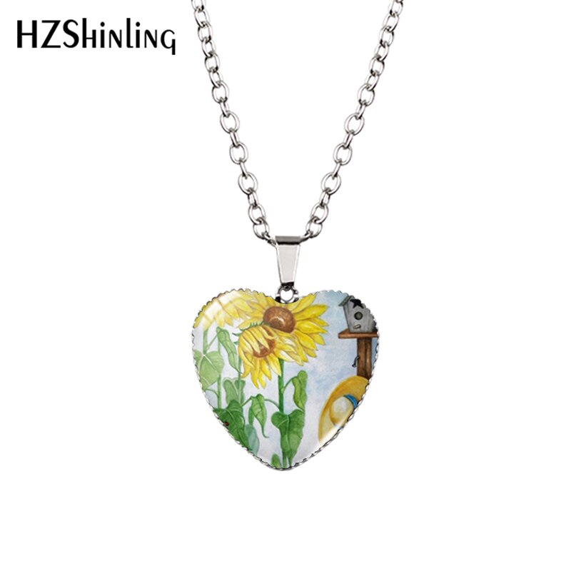 Sunflower Heart Necklace Yellow Sunflower Pendant Glass Picture Jewelry Fashion Heart Necklace HZ3