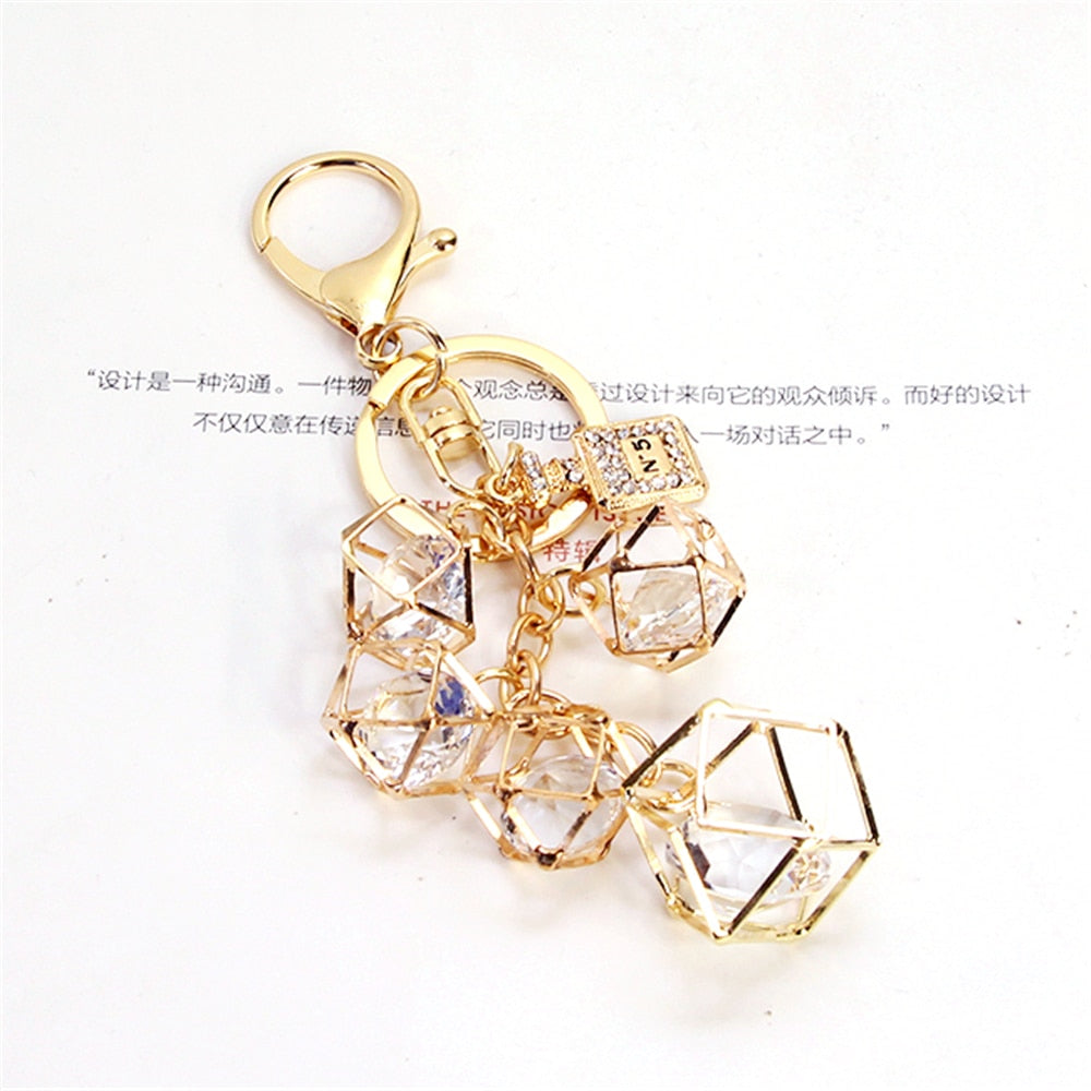 Elegant Crystal Rhinestone Geometric Keychain For Women Girls Gold Color Metal Car Key Rings Creative Fashion Jewelry Gift Q-005
