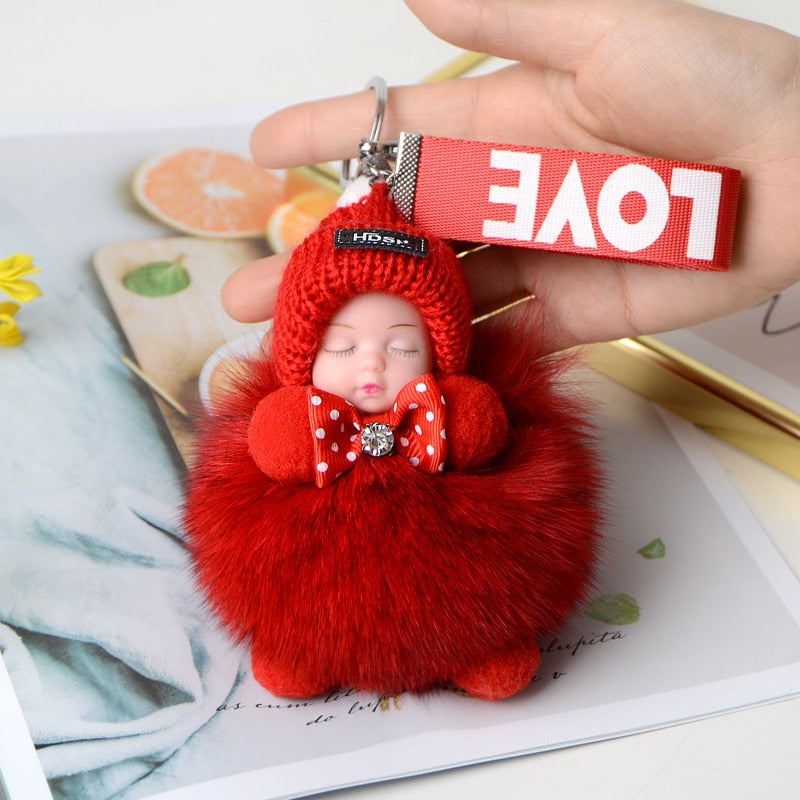 Pompom Sleeping Baby Keychain Cute Fluffy Plush Doll Keychains Women Girl Bags Keyrings Cars Key Ring Gift Charming Decoration