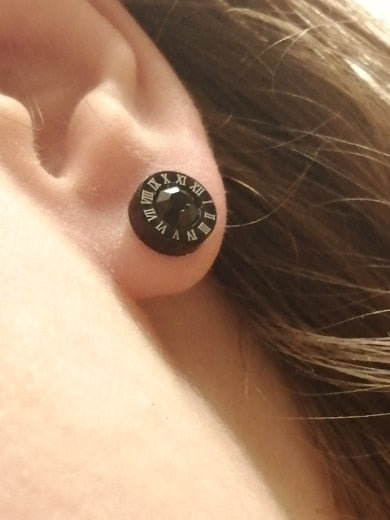 LUXUKISSKIDS Roman Numerals Men's Earrings Gothic Black Studs Steel Korean Fashion For Women 2023 Trendy Punk CZ Hiphop Piercing - Charlie Dolly