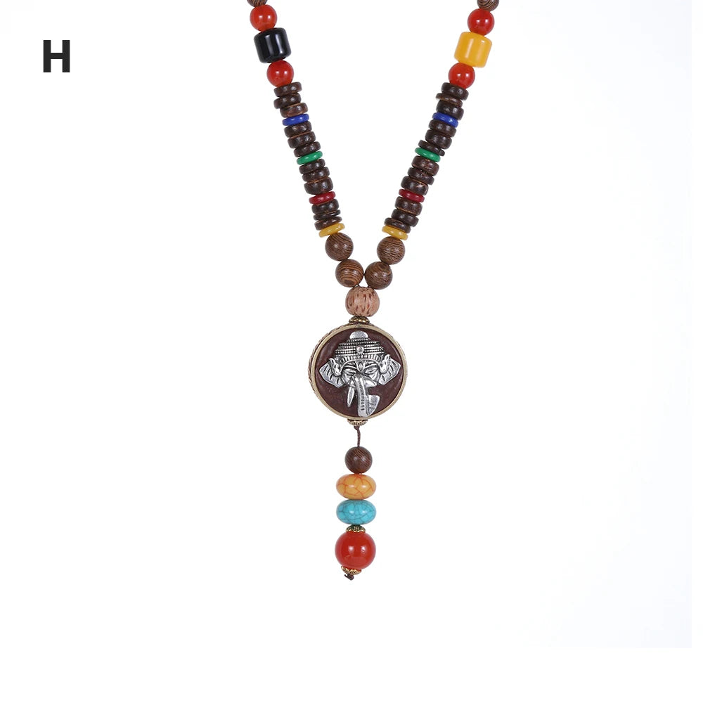 Nepal Wood Bead Pendant Long Necklace Jewelry
