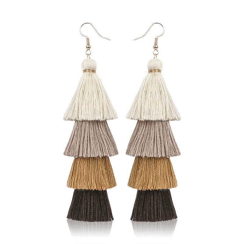 Four Layer Fringe Tassel Statement Earrings Jewelry