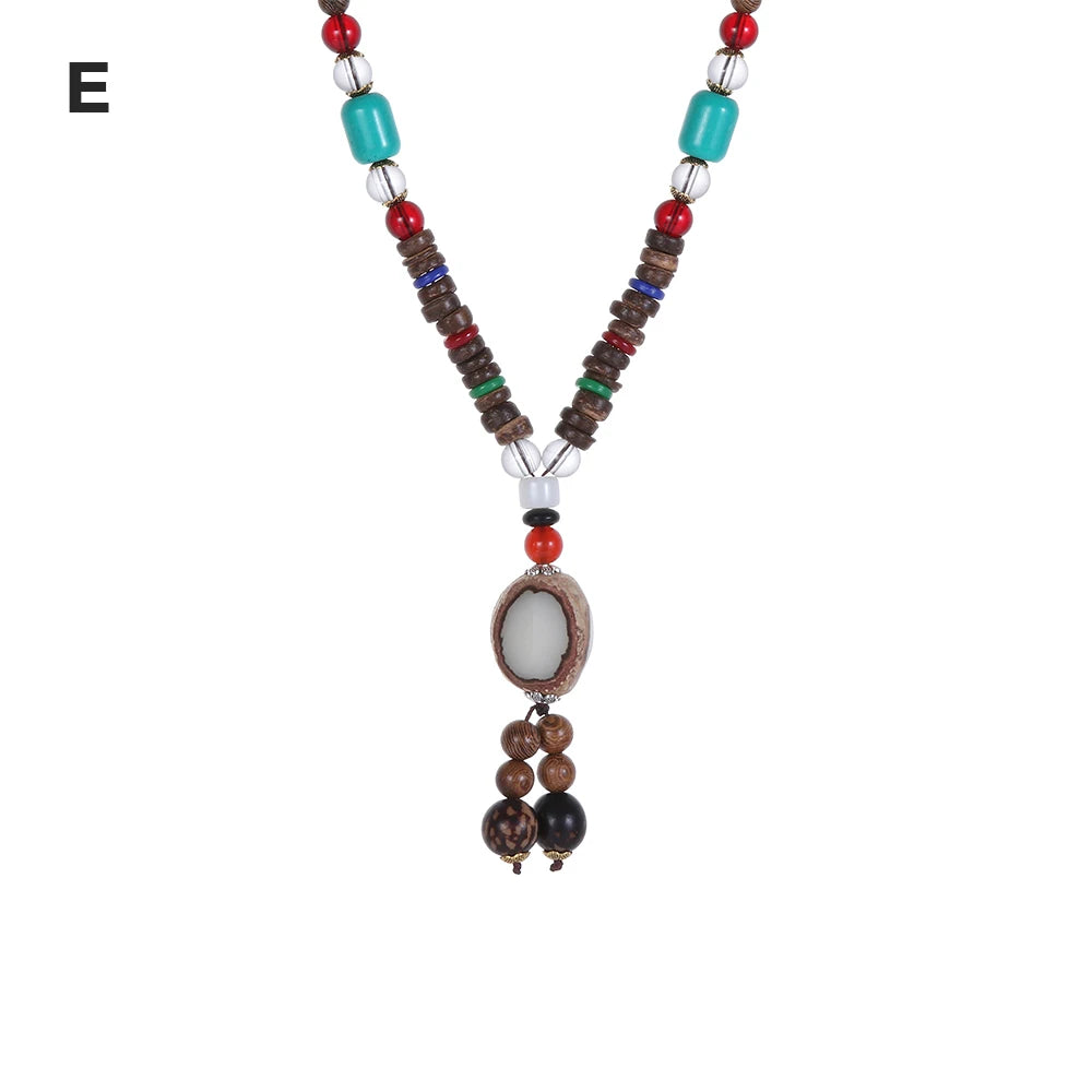 Nepal Wood Bead Pendant Long Necklace Jewelry