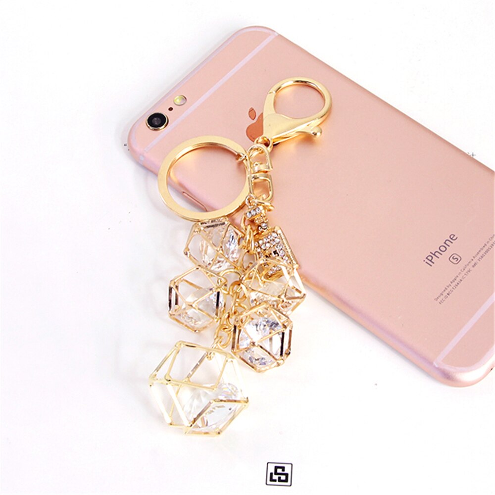 Elegant Crystal Rhinestone Geometric Keychain For Women Girls Gold Color Metal Car Key Rings Creative Fashion Jewelry Gift Q-005