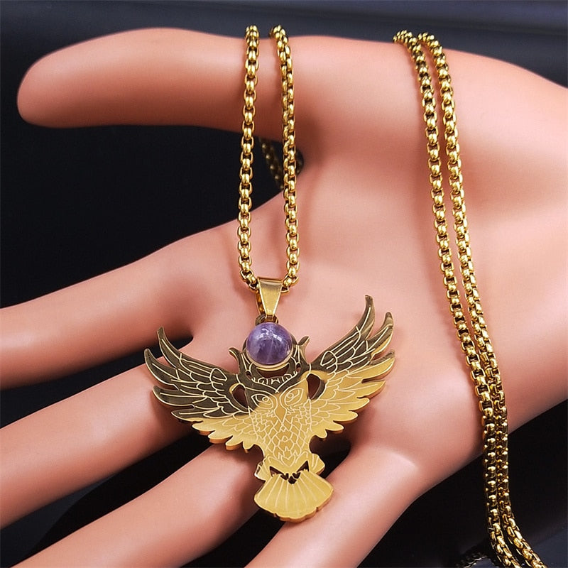 Stainless Steel Witchcraft Purple Crystal Necklace Pendant Women Gold Color Owl Moon Necklaces Jewelry collares hombre N2257S02