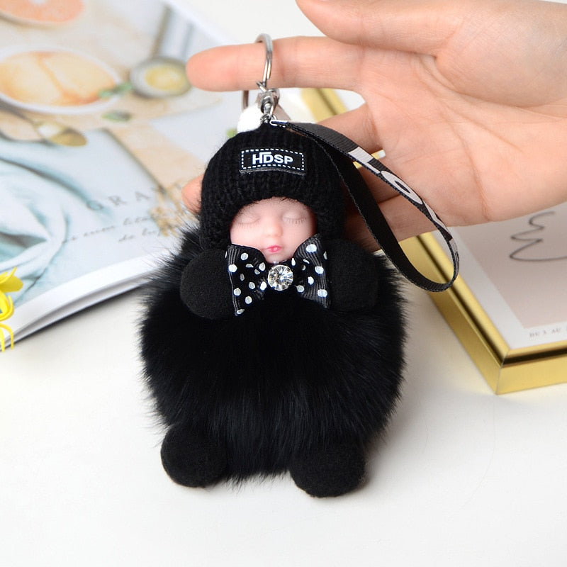 Pompom Sleeping Baby Keychain Cute Fluffy Plush Doll Keychains Women Girl Bags Keyrings Cars Key Ring Gift Charming Decoration