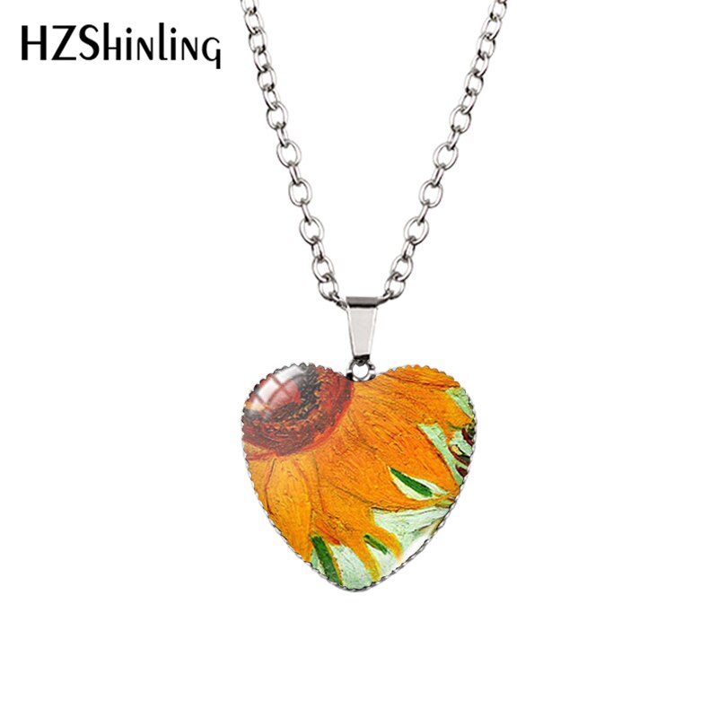 Sunflower Heart Necklace Yellow Sunflower Pendant Glass Picture Jewelry Fashion Heart Necklace HZ3