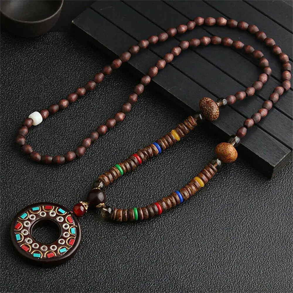 Nepal Wood Bead Pendant Long Necklace Jewelry