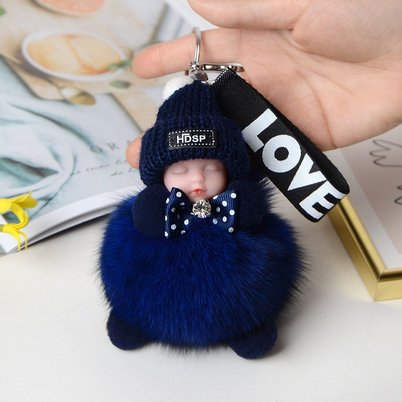 Pompom Sleeping Baby Keychain Cute Fluffy Plush Doll Keychains Women Girl Bags Keyrings Cars Key Ring Gift Charming Decoration