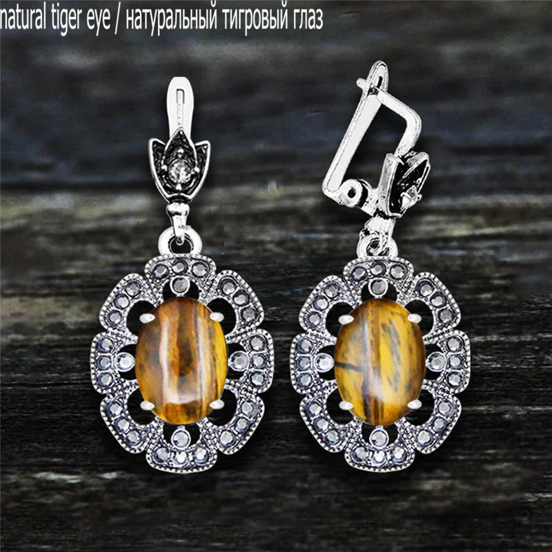 Vintage Plumflower Natural Jades Quartz Earrings For Women Antique Silver Plated Lapis Lazuli Tiger Eye Stone Fashion Earring - Charlie Dolly