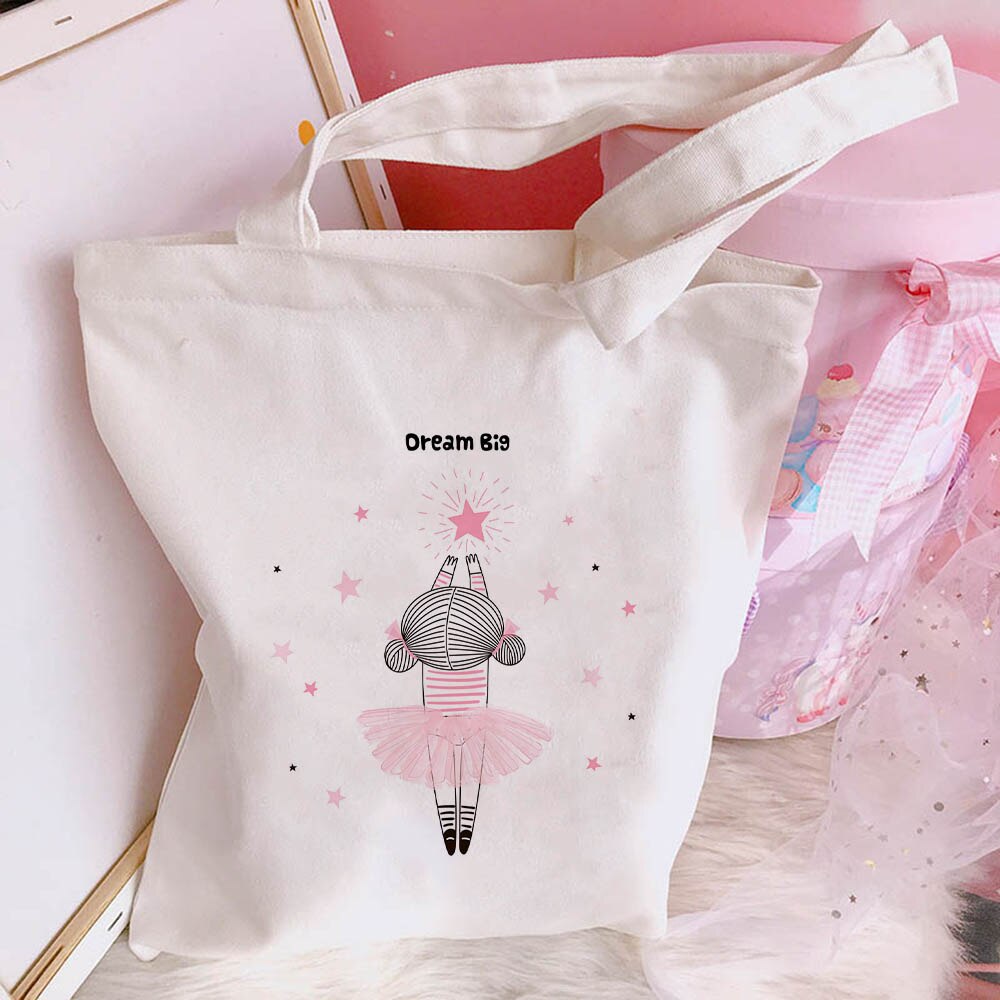 New Women's Casual Canvas Bag Pink Ballet Dance Girl Print Shopping Bag Lady Handbag Reusable Large Capacity Tote Bags