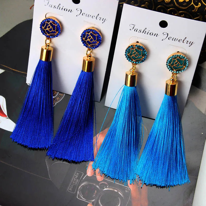 Silk Rose Flower Crystal Long Tassel Earrings Jewelry