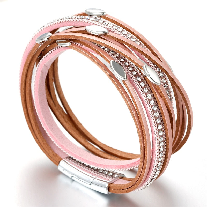 ALLYES Leaf Charm Pink Leather Bracelets for Women 2023 Fashion Crystal Chain Boho Multilayer Wrap Bracelet Femme Jewelry