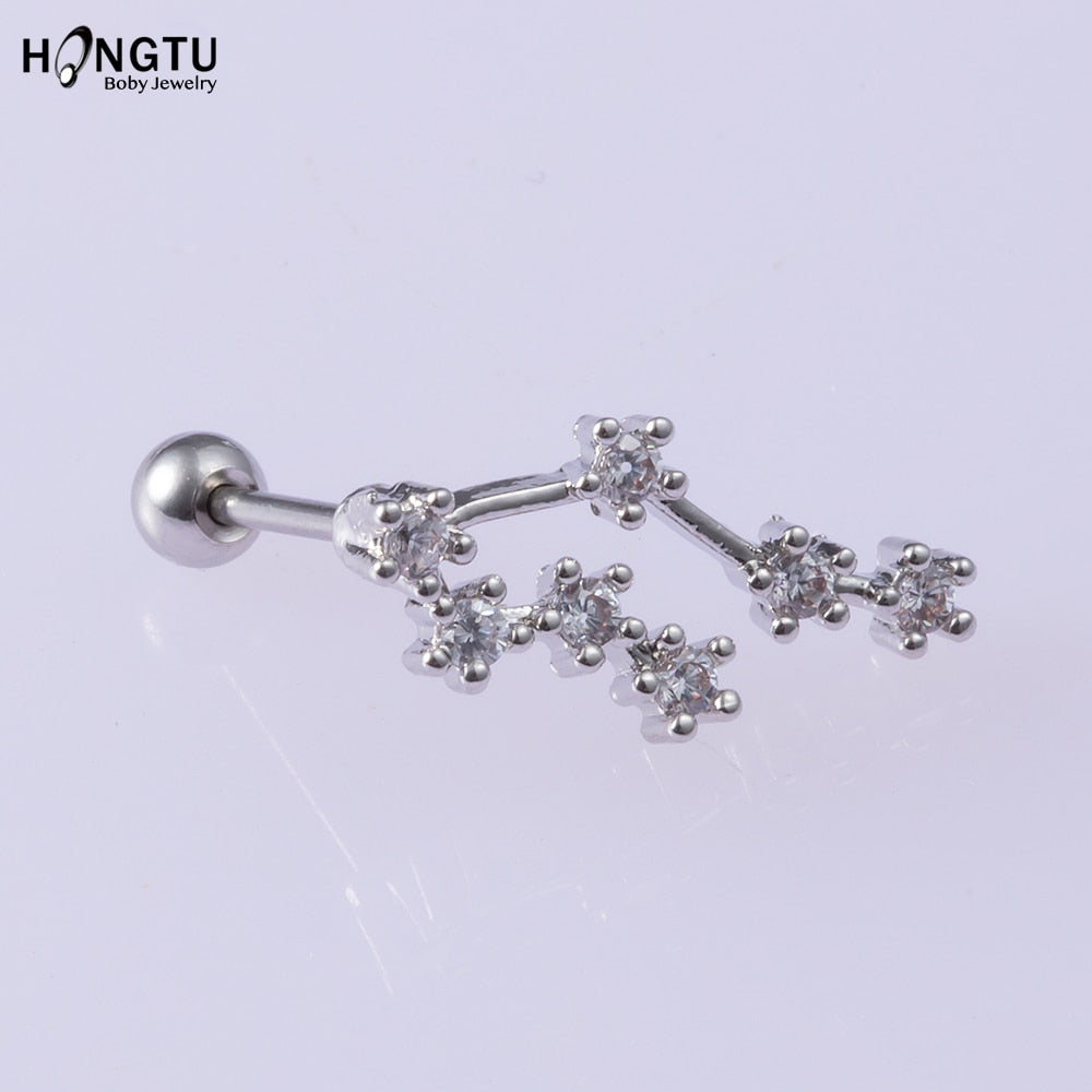 HONGTU 1PC 12 Constellation Zircon Tragus Ear Piercing Surgical Steel Shaft Bar Star Daith Earrings Helix Cartilage Studs 20g