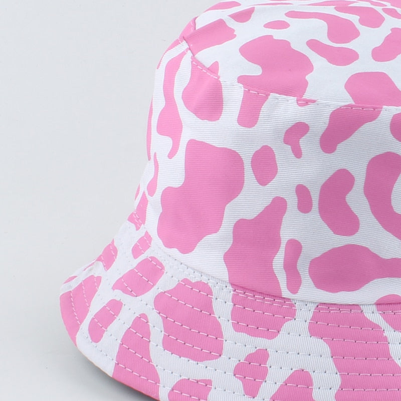 2021 New Fashion Korean Pink Cow Print Bucket Hat Women Reversible Fishing Cap Bob Chapeau Autumn Summer