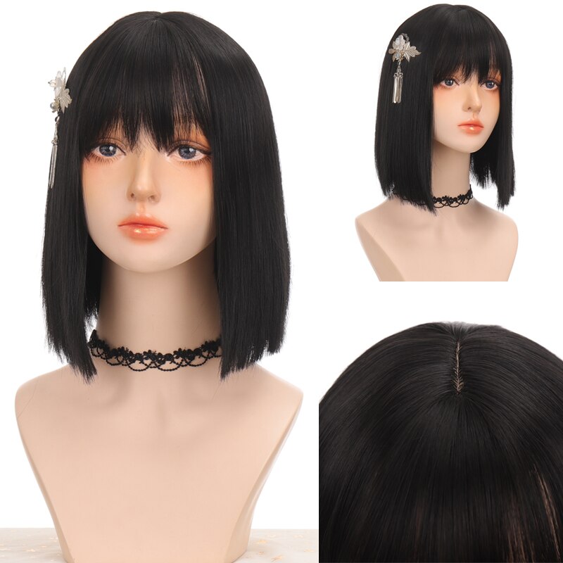 LANLAN synthetic black, pink Lolita wig short straight bob cosplay wig for white/black women heat-resistant hair wig