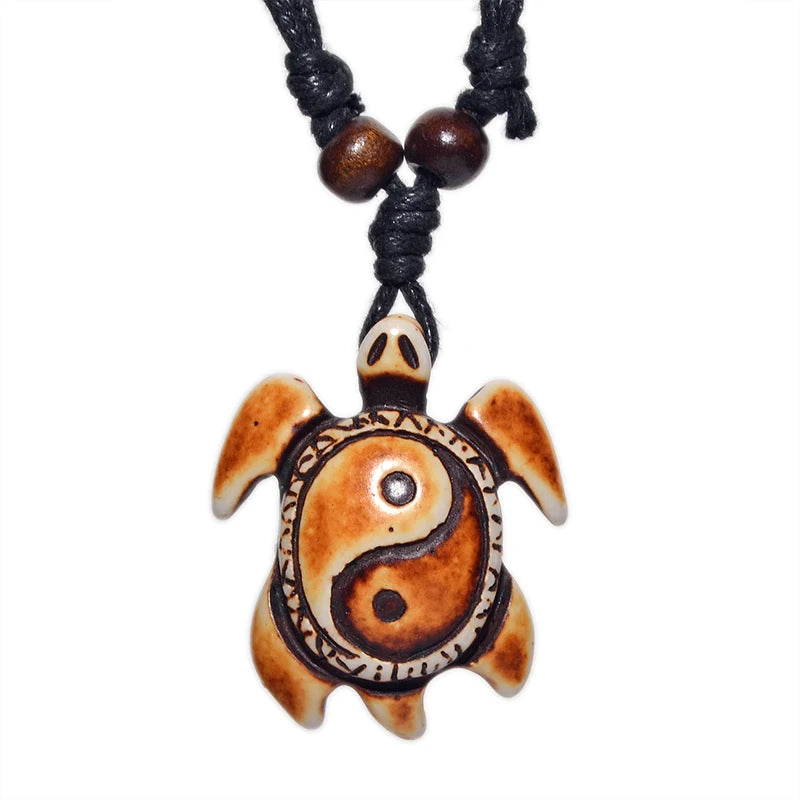Sea Turtle Bone Pendant Wax Cord Necklace Jewelry