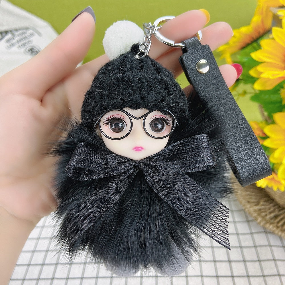 Pompom Sleeping Baby Keychain Cute Fluffy Plush Doll Keychains Women Girl Bags Keyrings Cars Key Ring Gift Charming Decoration