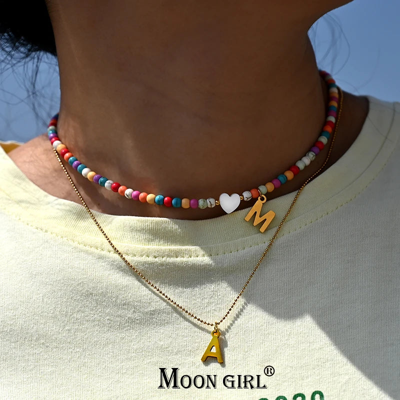 Shell, Heart and Initial Letter A to Z Beaded Choker