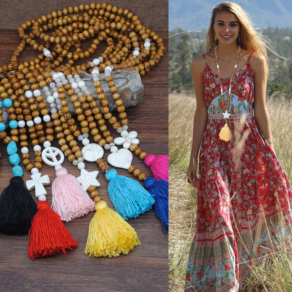 Yumfeel New Bohemian Necklace Handmade Stones Tassels Wood Beads Necklace Long Women Jewelry Gifts