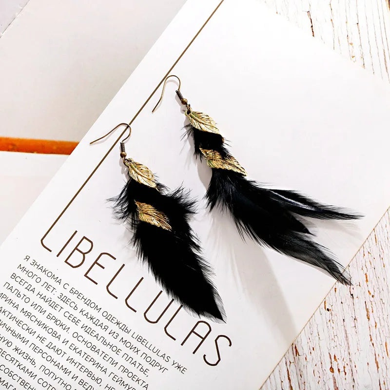Gold Feather Leaf Long Boho Earrings Jewelry