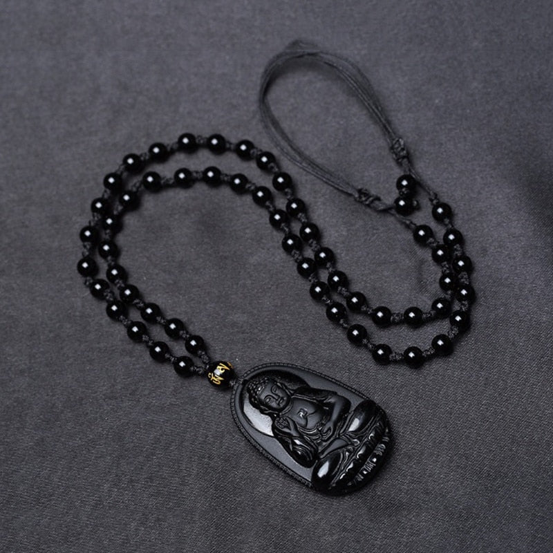 Amitabha Pendant Necklace Black Obsidian Carved Buddha Lucky Amulet Necklaces For Women Men Jewelry Gifts Jewelry