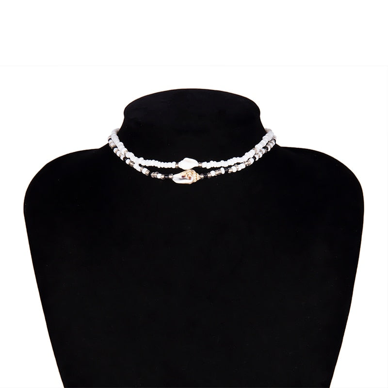SHIXIN Separable 2 Layered White/Black Beads Necklaces Korean Small Beaded Conch Shell Choker Necklace for Women Fashion Collar