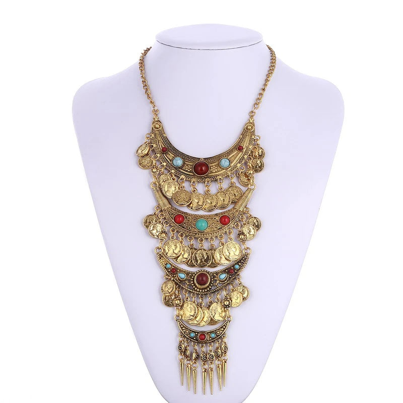 موضة ملونة بوهو خمر Collares ماكسي بيان قلادة كولير فام طويل البوهيمي عملة شرابة قلادة متعددة الطبقات