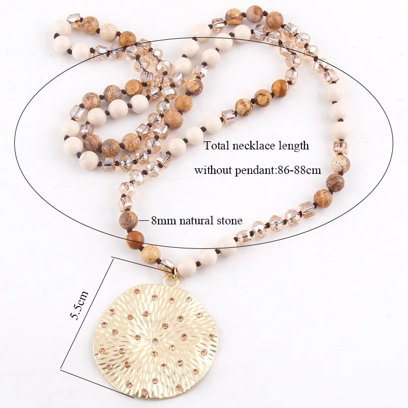 RH Fashion Bohemian Jewelry Natural Stones With Glass Links Crystal Round Pendant Necklaces For Women Boho Gift - Charlie Dolly