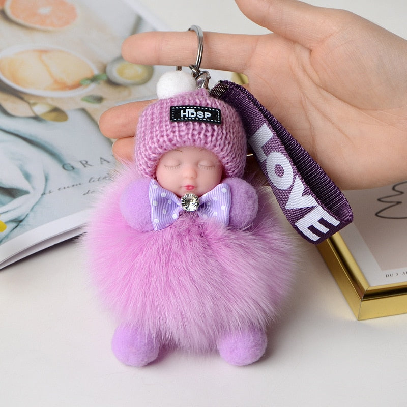 Pompom Sleeping Baby Keychain Cute Fluffy Plush Doll Keychains Women Girl Bags Keyrings Cars Key Ring Gift Charming Decoration