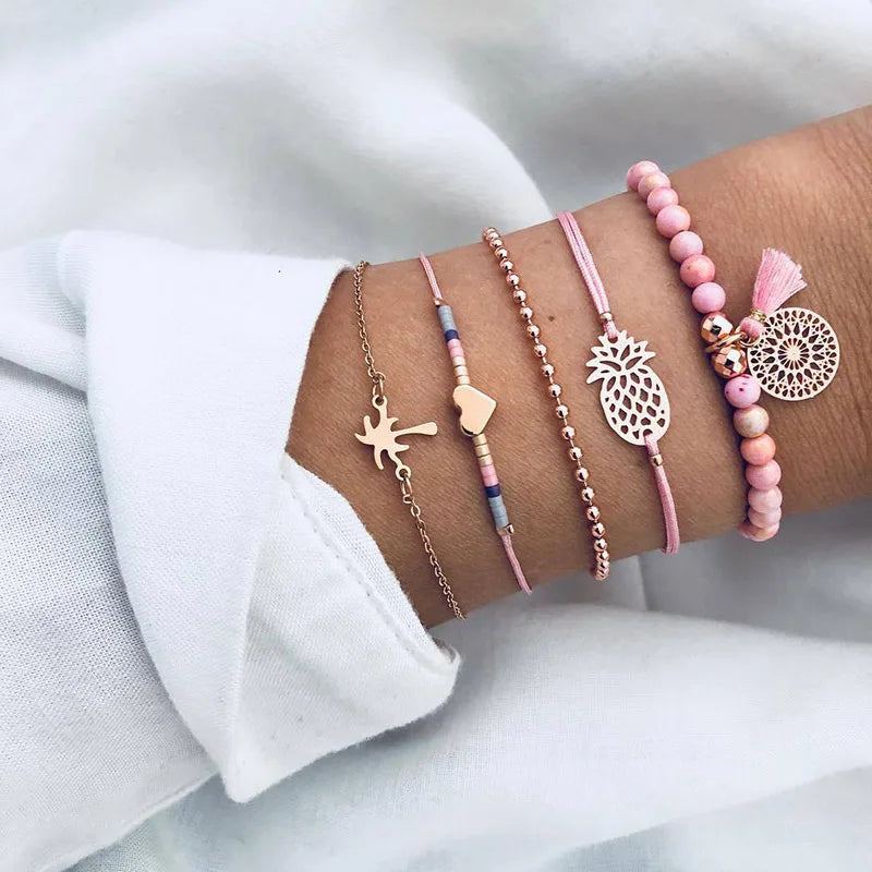 Boho Charm and Crystal Bead Bangle Bracelet Set