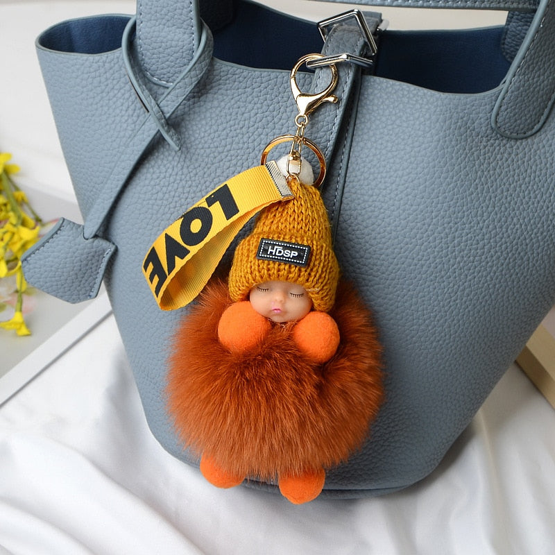 Pompom Sleeping Baby Keychain Cute Fluffy Plush Doll Keychains Women Girl Bags Keyrings Cars Key Ring Gift Charming Decoration