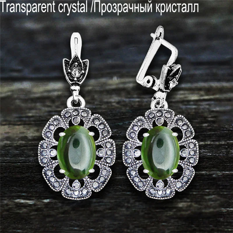 Vintage Plumflower Natural Jades Quartz Earrings For Women Antique Silver Plated Lapis Lazuli Tiger Eye Stone Fashion Earring - Charlie Dolly