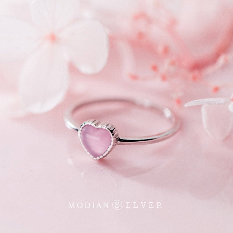 Modian Genuine 925 Sterling Silver Romantic Pink Opal Hearts Rings for Women Adjustable Open Finger Ring Fashion Fine Jewelry
