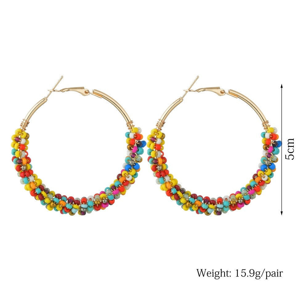 Kymyad Bohemian Multicolor Beads Hoop Earrings For Women Handmade Boho Ear Vintage Jewelry Gold Color Big Statement Earrings