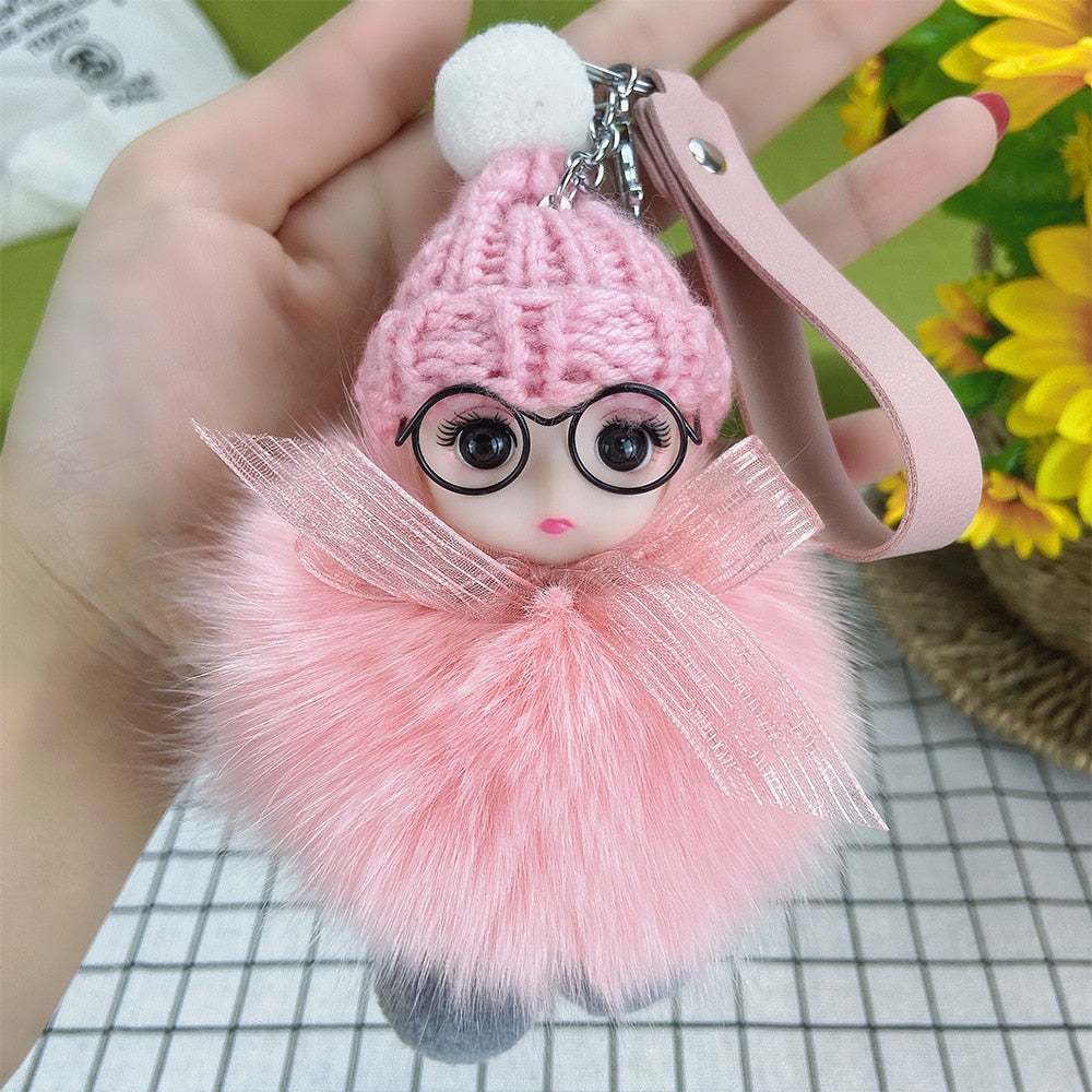 Pompom Sleeping Baby Keychain Cute Fluffy Plush Doll Keychains Women Girl Bags Keyrings Cars Key Ring Gift Charming Decoration