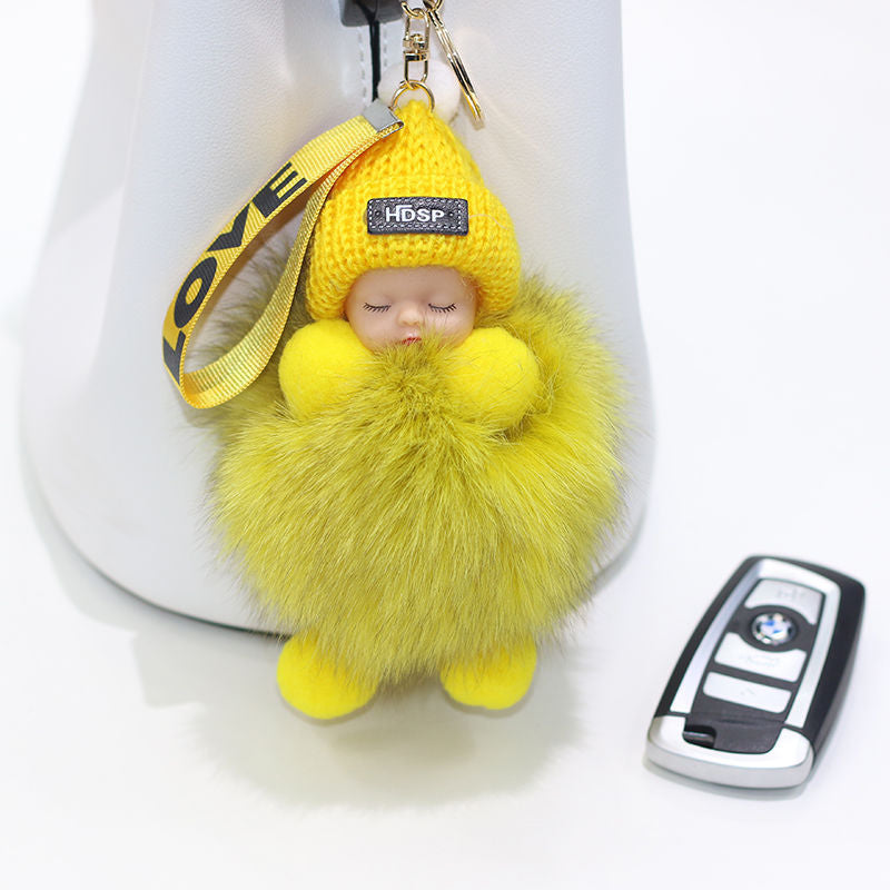 Pompom Sleeping Baby Keychain Cute Fluffy Plush Doll Keychains Women Girl Bags Keyrings Cars Key Ring Gift Charming Decoration