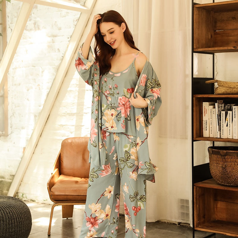 HOT SELLING 3Pcs Soft Pajama Set For SPRING & FALL Ladies Sleepwear Floral Printed Pink Leaves Cardigan+Camisole+Pants Homewear