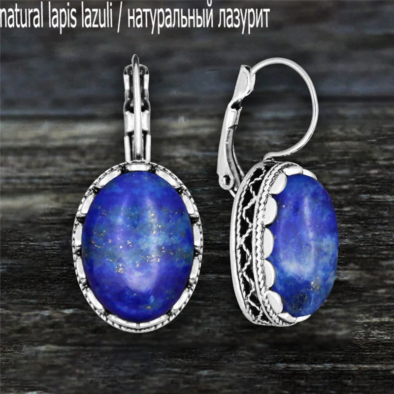 Oval Amethysts Earrings For Women Tibetan Silver Natural Stone Rose Quartz Lapis Lazuli Tiger Eye Fashion Earring - Charlie Dolly