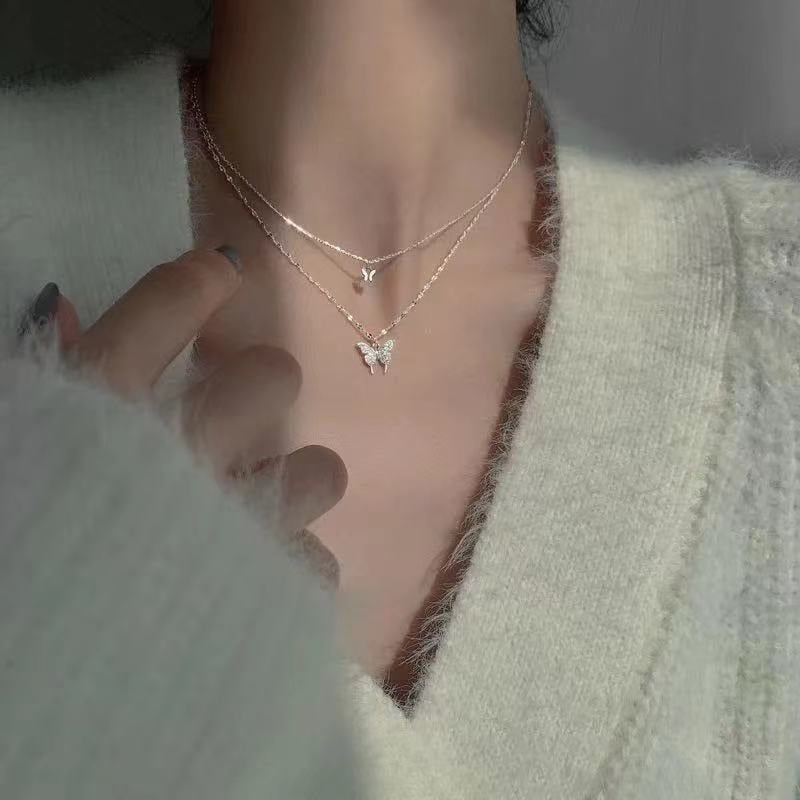 Shiny Butterfly Necklace Ladies Exquisite Double Layer Clavicle Chain Necklace Jewelry for Ladies Gift