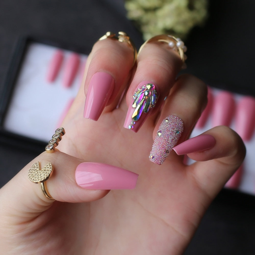 pink coffin crystal bling false nails Acrylic nails ballet caviar Design nails Custom logo with Adhesive tabs sticker