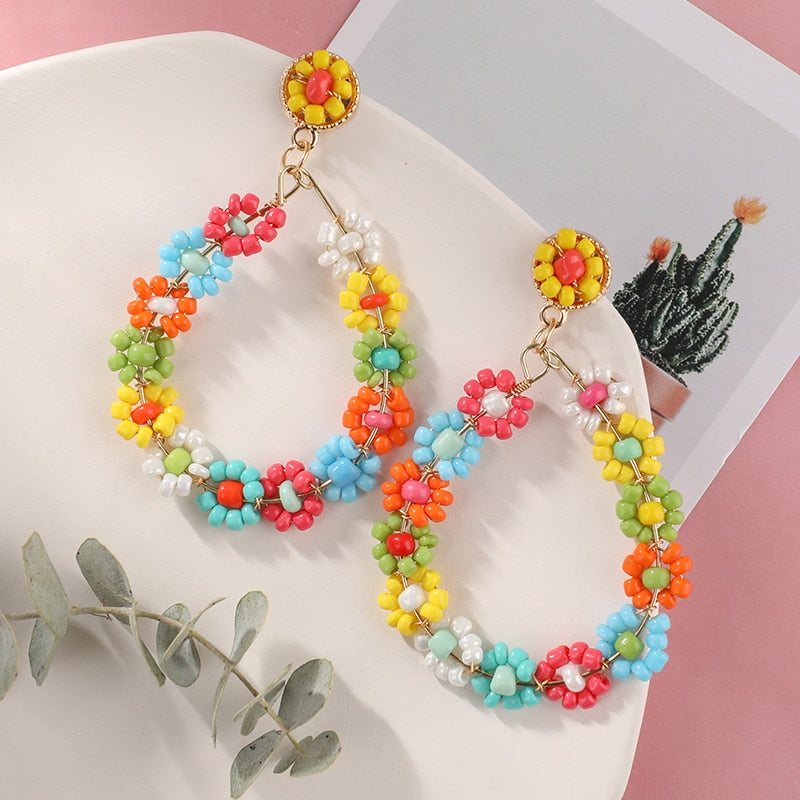 Fashion Boho Earrings For Women Colorful Style Sweet Flower Earrings Jewelry Spring Summer Floral Beaded Earrings Accessories