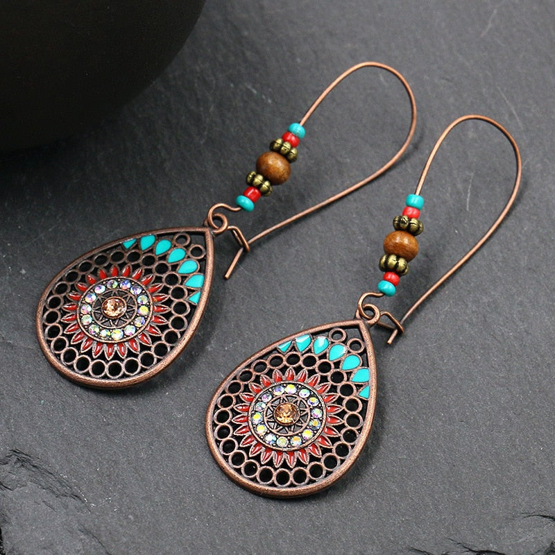 Exknl Fashion Vintage Drop Earrings For Women Alloy Crystal Ethnic Beads Boho Flower Earrings Colorful Dangle Earrings Jewelry