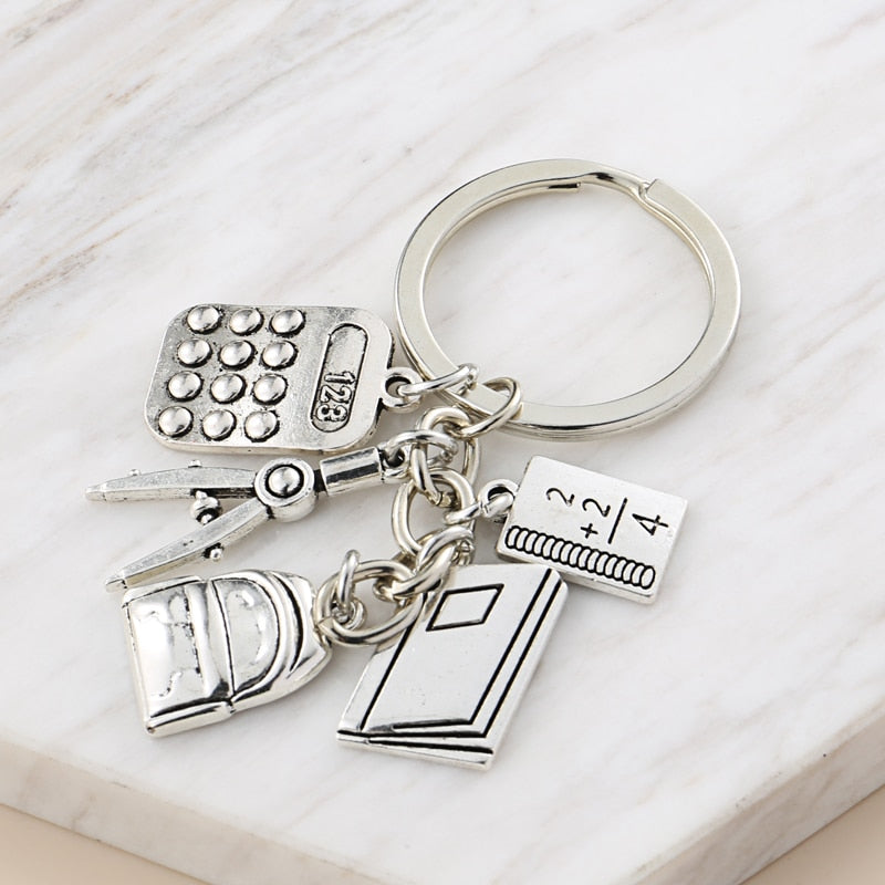 Student Keychain School Supplies Key Ring Calculator Compasses Book Backpack Key Chain Teachers' Day Gifts Jewelry Handmade