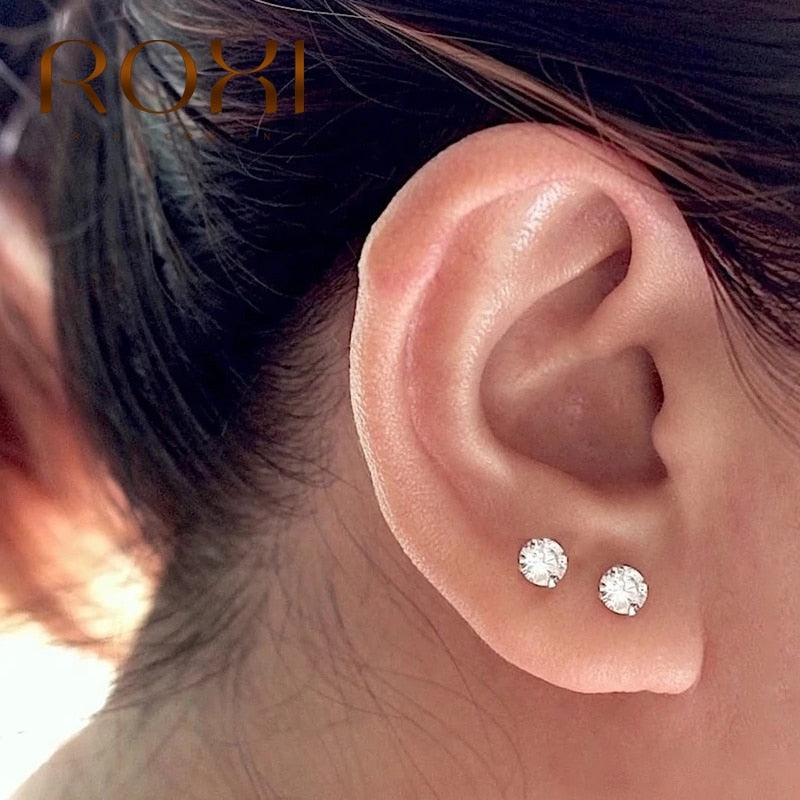ROXI 3PCS 2/3/4mm 925 Sterling Silver Four-claw Solitaire Piercing Earrings for Women Girls Lovely Round Cartilage Stud Earring